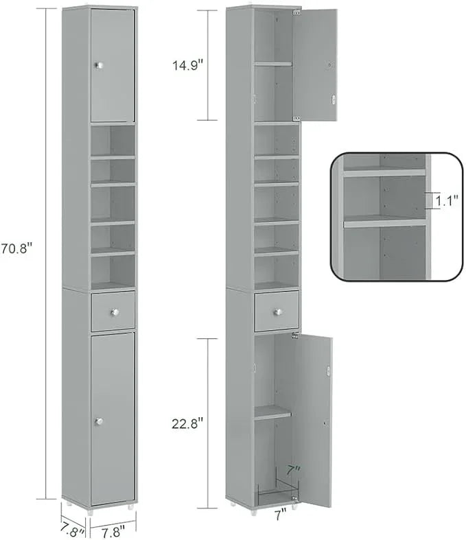 Haotian Bathroom Narrow Storage Cabinet Skinny Tall Unit with Adjustable Shelves Slender Anti-Tipping Floor Standing Cupboard, Gray BZR34-HG - ModernBath