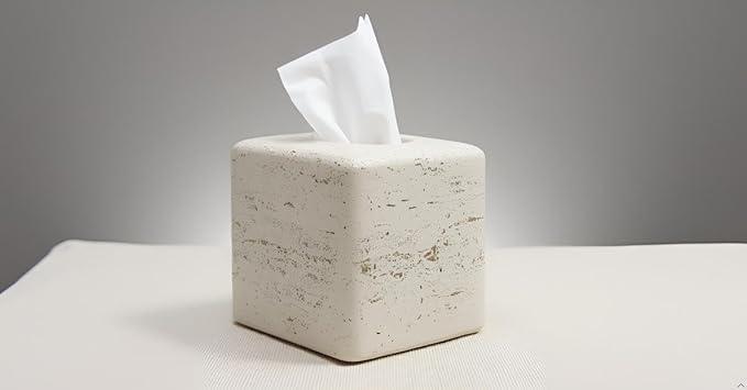 Huitony Travertine Tissue Box Cover Square Decorative Stone Klenex Box Holder for Bathroom & Living Room with Handcrafted Texture (Light Beige) - ModernBath