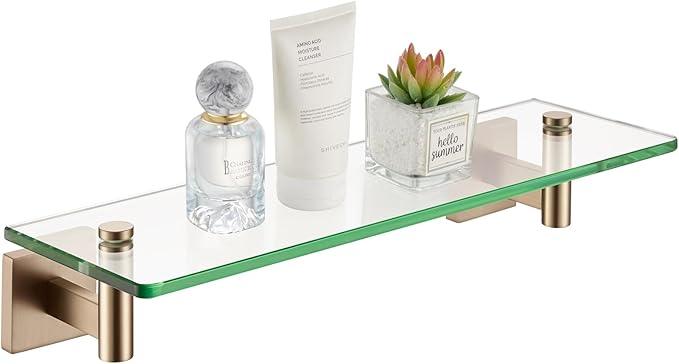 KOKOSIRI Wall Shelves Bathroom Hardware Glass Floating Shelf 16-Inch for Bedroom, Living Room, Kitchen, Hanging Rack Champagne Bronze B1105CPG-L16 - ModernBath