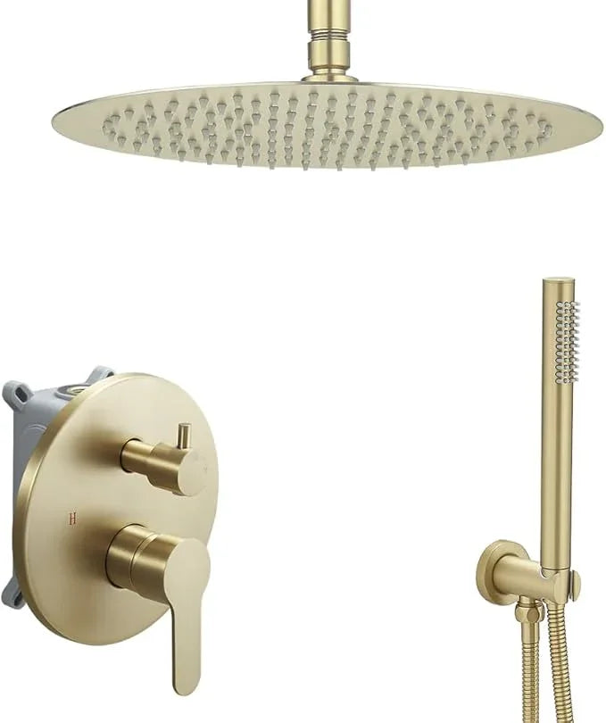 JingGang Brushed Gold Ceiling Mount Round Rain Shower System with 12 Inch Shower Head and Handheld Bathroom Shower Set Contain Shower Faucet Trim Kit (Mixer Valve Included) - ModernBath