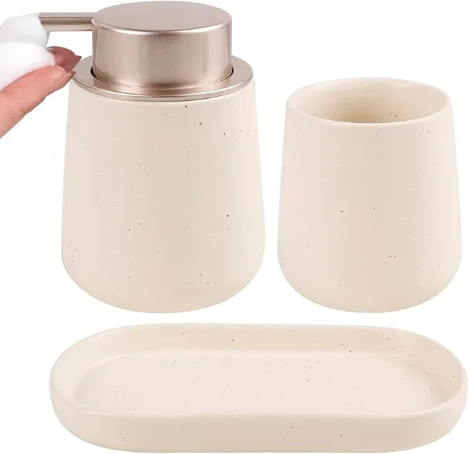 BosilunLife Bathroom Accessories Set 3 pcs - Bathroom Ceramic Foaming Soap Dispenser Set Farmhouse Bathroom Decor, Foam Soap Dispenser and Toothbrush Holder with Tray - ModernBath