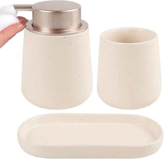 BosilunLife Bathroom Accessories Set 3 pcs - Bathroom Ceramic Foaming Soap Dispenser Set Farmhouse Bathroom Decor, Foam Soap Dispenser and Toothbrush Holder with Tray - ModernBath