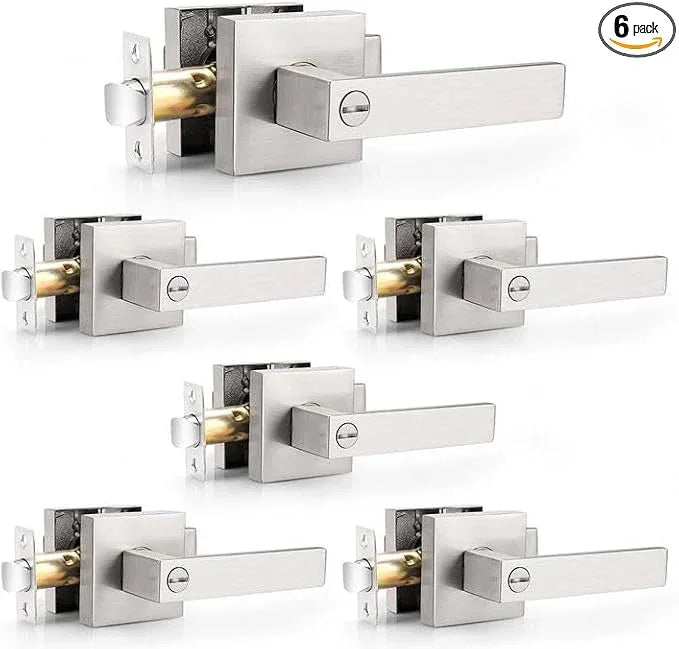 Probrico Satin Nickel Square Privacy Door Levers Lockset for Bedroom or Bathroom, Keyless Door Locks, 6 Pack - ModernBath