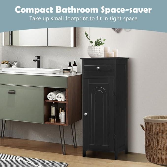 GOFLAME Bathroom Storage Cabinet, Freestanding Wooden Storage Cabinet with Large Drawer, 2 Adjustable Shelves with 7 Positions, Bathroom Floor Cabinet Organizer for Living Room, Black - ModernBath