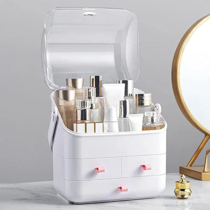 LINFIDITE Cosmetic Storage Box with Lid Makeup Organizer Box with Dust Free Cover Portable Handle,Large Makeup Display Case with Drawers Fully Open Lid,Great for Dresser Bathroom Countertop - ModernBath