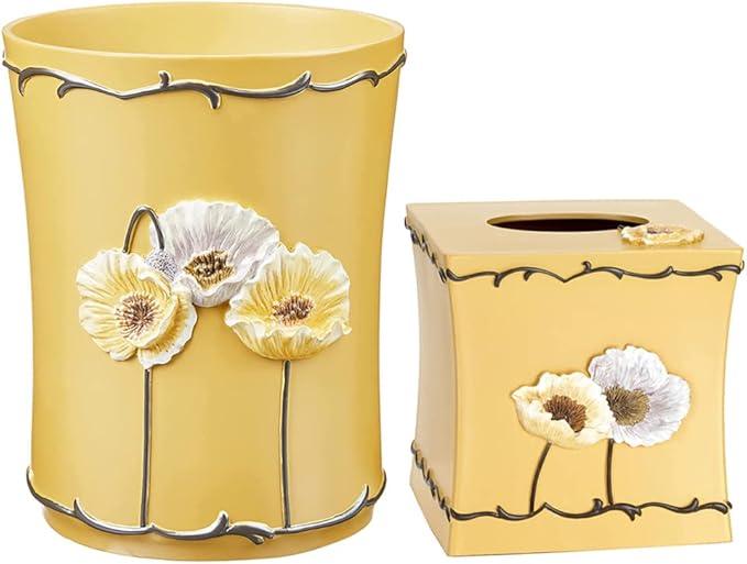 Zahari Home 2pc Poppy Fields Modern Bath Accessories Set Waste Basket & Tissue Box Modern Classic Contemporary Decorative Beautiful Designs Bathroom Decor Set for Home Luxury Yellow Bath Set - ModernBath