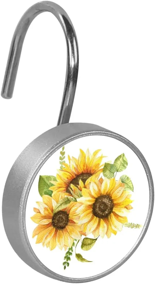 12 Pcs Decorative Shower Curtain Hooks, Rust Proof Glass Surface Stainless Steel Rings for Bathroom Bedroom Kitchen Home Bath Room Rods Decor (Watercolor Sunflowers Bouquet) - ModernBath