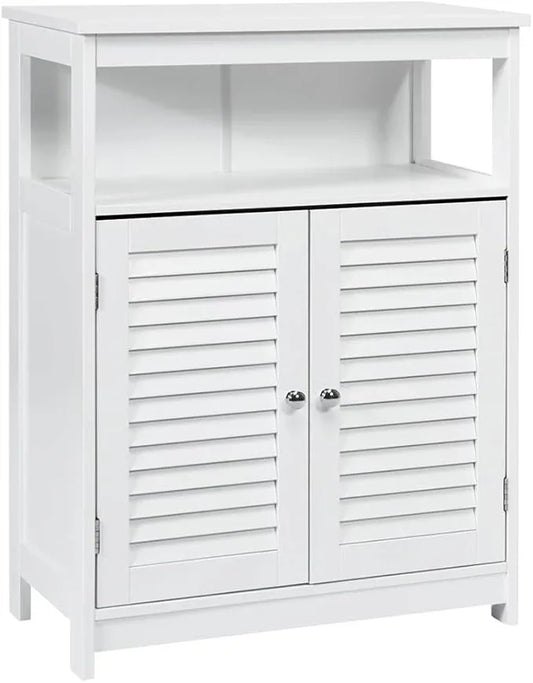 LDAILY Freestanding Organizer, Bathroom Storage with Double Shutter Doors, Adjustable Shelf, Wooden Floor Cabinet for Kitchen, Entryway (White) - ModernBath