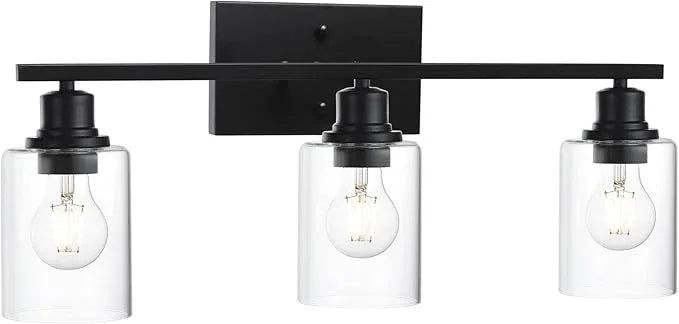 VINLUZ Matte Black Vanity Light for Bathroom 3 Light Farmhouse Indoor Bathroom Lighting Fixtures Over Mirror with Clear Glass Shade for Dressing Table - ModernBath