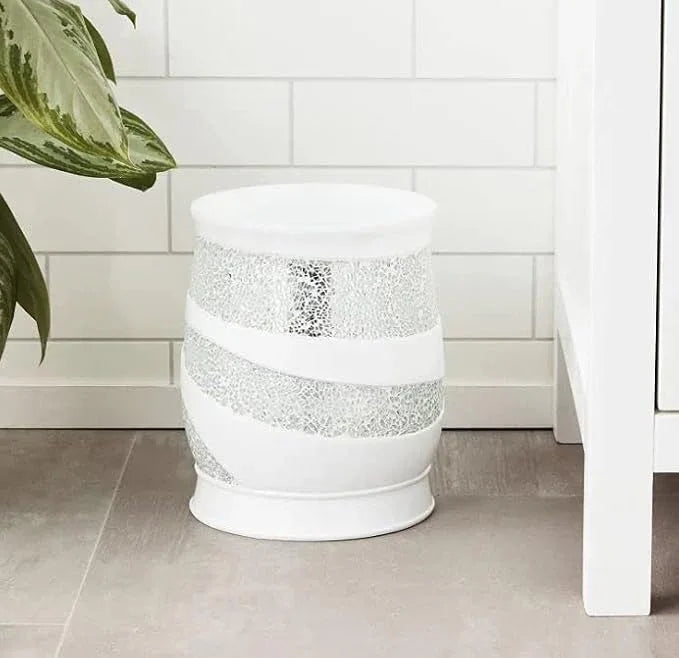 Zahari Home 2pc Sinatra White Modern Bath Accessories Set Waste Basket & Tissue Box Modern Decorative Beautiful Designs Bathroom Decor Set for Home Luxury Bath Set Mosaic Glass - ModernBath