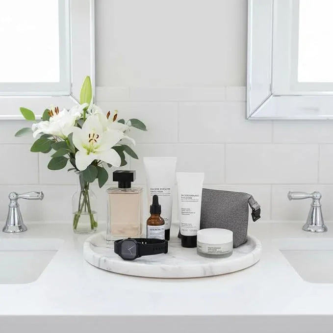 Marmor Natural Marble Bathroom Tray for Perfume & Jewelry, Vanity Decorative Catchall Tray for Countertop, Stone Organizer Dish for Candles, Makeup, Essentials(Statuario White Round Plate) - ModernBath