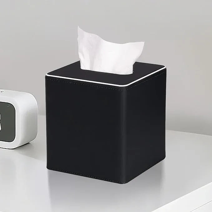 KINGFOM Leather Tissue Box Cover – Square Modern PU Leather Tissue Holder, Cube Tissue Dispenser for Home, Office, Bedroom, Bathroom – Elegant Minimalist Style (Black-Square) - ModernBath