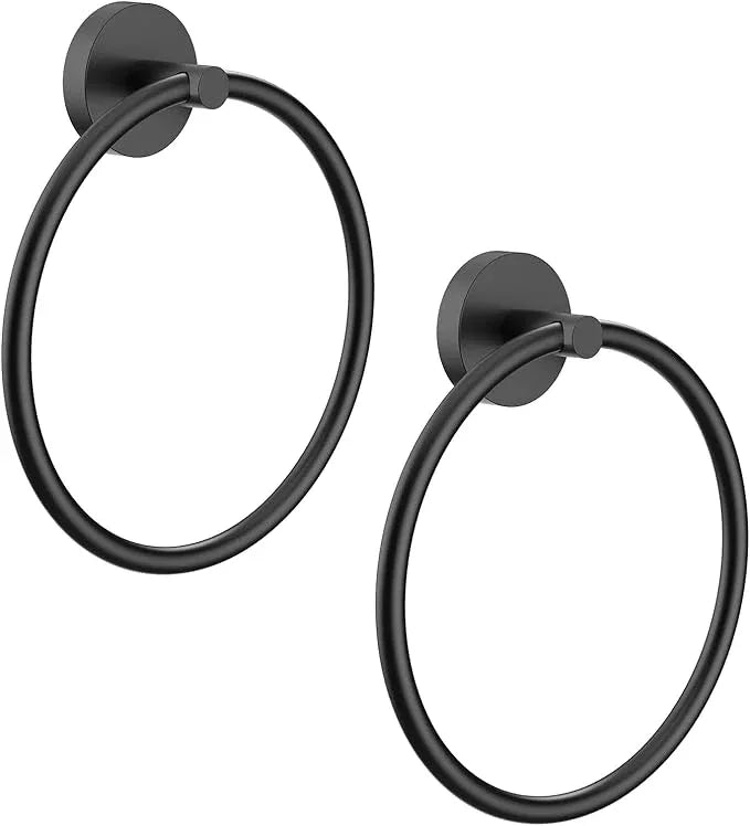 Hand Towel Holder Screw-in Matte Black Towel Ring for Bathroom Wall Stainless Steel Towel Hanger Round Towel Racks for Bathroom Decor and Accessories, 2 Packs - ModernBath
