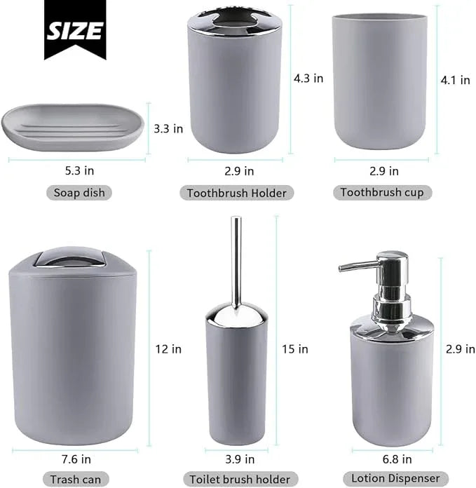 Papillon Bathroom Accessories - 6 Piece Plastic Gift Toothbrush Holder,Toothbrush Cup,Soap Dispenser & Dish,Toilet Brush Holder,Trash Can,Tumbler Straw Set (Gray) - ModernBath