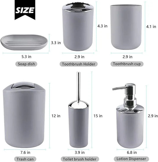 Papillon Bathroom Accessories - 6 Piece Plastic Gift Toothbrush Holder,Toothbrush Cup,Soap Dispenser & Dish,Toilet Brush Holder,Trash Can,Tumbler Straw Set (Gray) - ModernBath