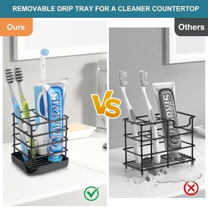 Toothbrush Holders for Bathrooms, Stainless Steel Bathroom Toothbrush Holder Kids Electric Tooth Brushing Holder Stand and Toothpaste Holder for Bathroom Accessories Organizer with Tray, Black (Small) - ModernBath