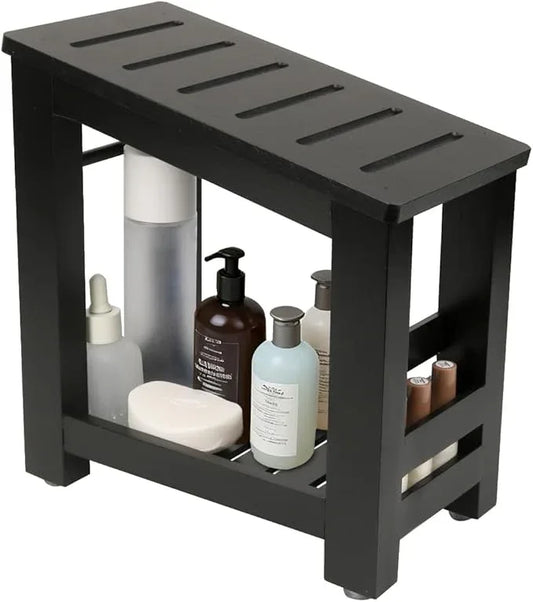Forest Manor Bamboo Shower Foot Rest Stool for Shaving Legs & Pedicure, Non-Slip Bathroom Foot Step with Storage Pocket, Solid & Water-Resistant,Natural (Black) - ModernBath