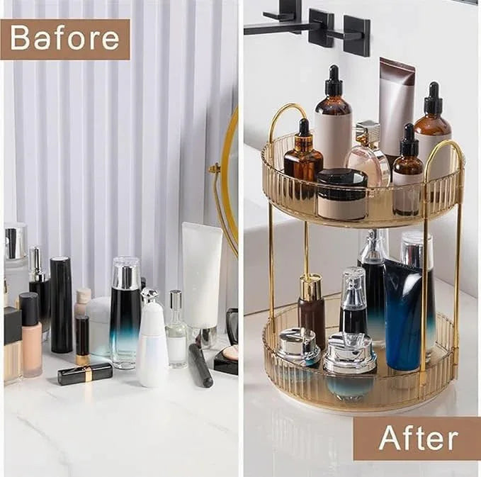 INVSSENE 360 Rotating Makeup Organizer, Yellow, Unisex, 2 Tier Countertop Storage, Large Capacity, Cosmetics, Perfume, Skincare, Lipsticks - ModernBath