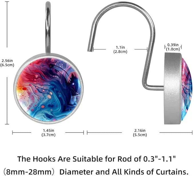 12 Pcs Decorative Shower Curtain Hooks, Rust Proof Glass Surface Stainless Steel Rings for Bathroom Bedroom Kitchen Home Bath Room Rods Decor (Colorful Liquid Texture) - ModernBath