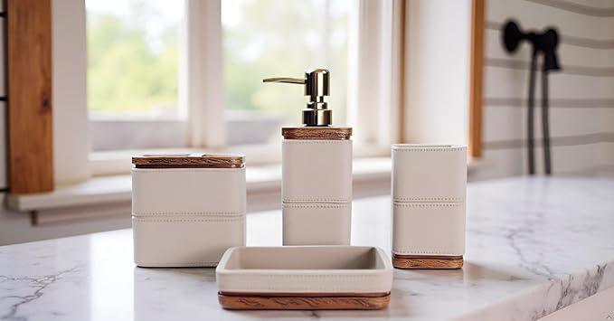 Hymmah Leather Pattern Design Bathroom Accessories Set,Farmhouse Bathroom Decor,4 Pcs Resin Gift Set Apartment Necessities, Contain Cotton Swab Jar,Soap Dispenser,Tumbler，Soap Dish/Tray - ModernBath
