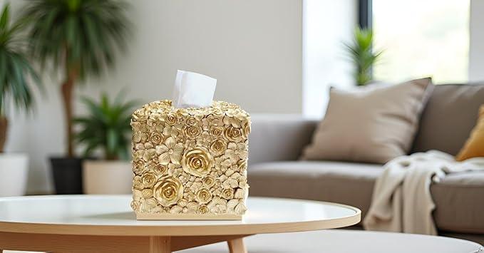 Huitony Square Tissue Box Cover Decorative Kleenex Box Holder for Bathroom & Living Room with Handcrafted Texture (Rose Gold) - ModernBath