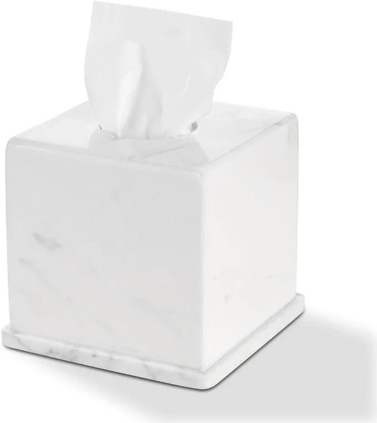 HAMAKAWA Natural Marble Tissue Box Cover, Volakas White Tissue Organizer 6 x 6 x 5.7 inch, Heavy Stone Decorative Box, Square Tissue Box Holder for Home Decor, Kitchen, Bathroom, Bedroom - ModernBath