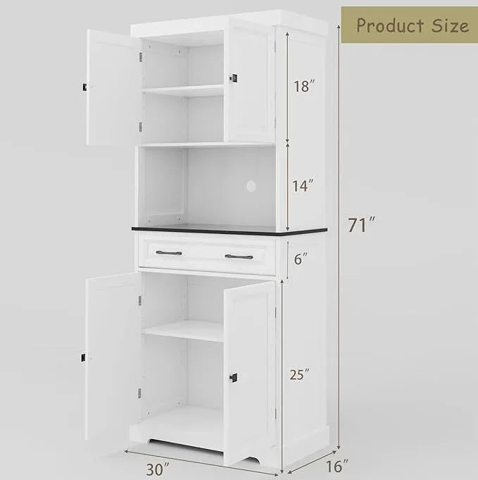 71" Kitchen Pantry Cabinet with Drawer, Kitchen Hutch Cabinet with 4 Doors, Wire Hole & Adjustable Shelves, Tall Bathroom Cabinets Freestanding Cupboard White Wood Storage Cabinets - ModernBath
