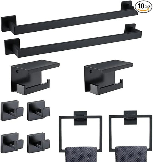 23.6 Inch SUS304 Stainless Steel Bathroom Hardware Set - 10-Piece Wall-Mounted Towel Bar, Holder & Racks - Matte Black - ModernBath
