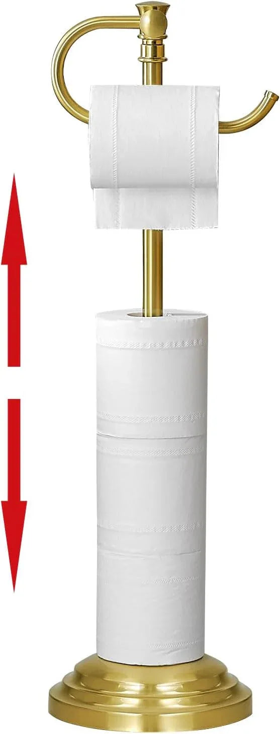 RUMOSE Toilet Paper Holder Stand for Floor, Brushed Gold Adjustable (12.4" to 22.8") Bathroom Toilet Tissue Holder, Free Standing Toilet Paper Roll Holder with Storage, Stainless Steel - ModernBath