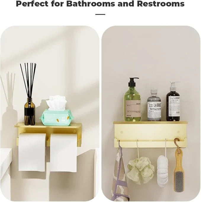 Double Toilet Paper Holder with Shelf, FreshGlow Tissue Holder Brushed Gold, Wall Mount Commercial Toilet Paper Dispenser Phone Shelf Stainless Steel, Tissue Roll for Bathroom - ModernBath