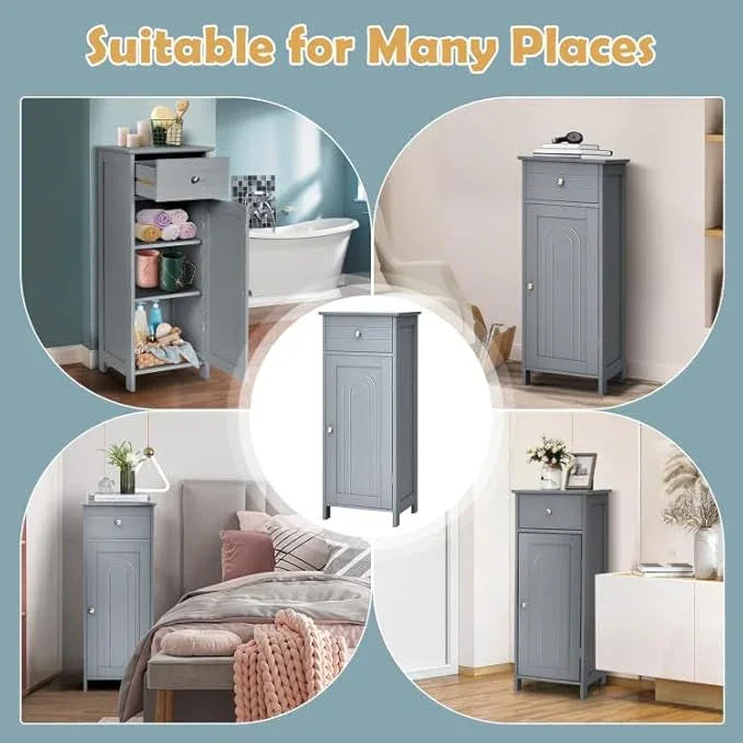 GOFLAME Bathroom Storage Cabinet, Freestanding Wooden Storage Cabinet with Large Drawer, 2 Float Shelves with 7 Positions, Bathroom Floor Cabinet Organizer for Living Room, Gray - ModernBath