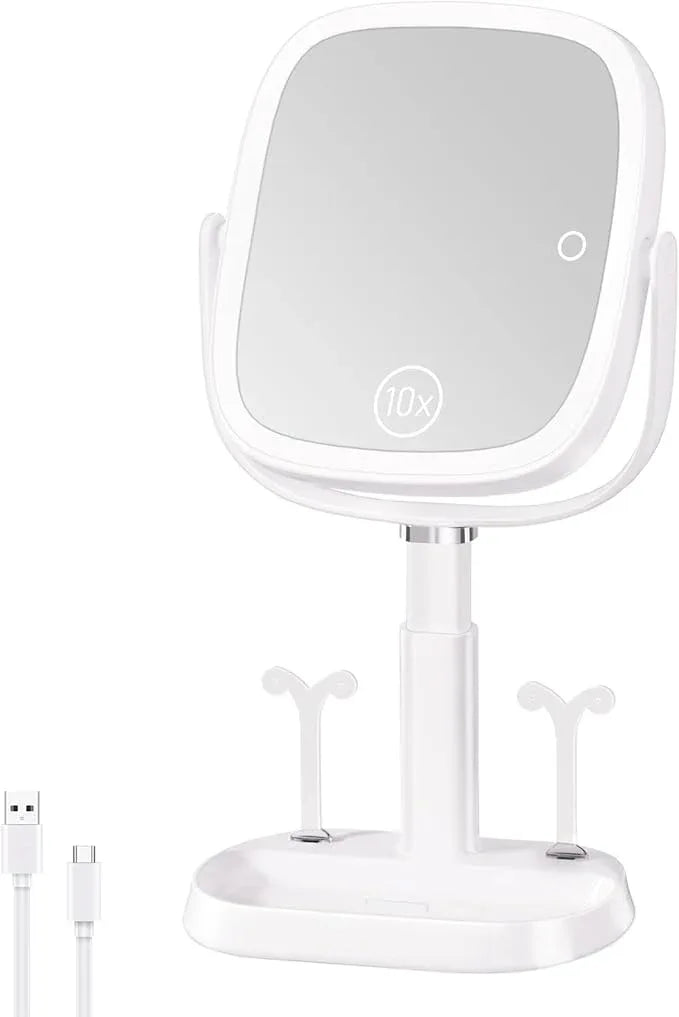 FRANO Vanity Mirror with Lights, Rectangular Lighted Makeup Mirror with 3 Color Lights, 1X/10X Magnification, Adjustable Height, 360° Rotation, 4000mAh Rechargeable for Desk, Gifts for Women - ModernBath