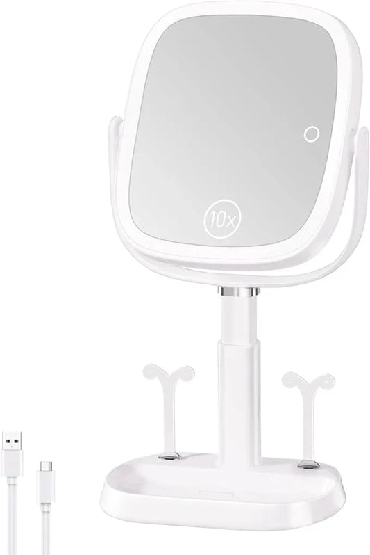 FRANO Vanity Mirror with Lights, Rectangular Lighted Makeup Mirror with 3 Color Lights, 1X/10X Magnification, Adjustable Height, 360° Rotation, 4000mAh Rechargeable for Desk, Gifts for Women - ModernBath