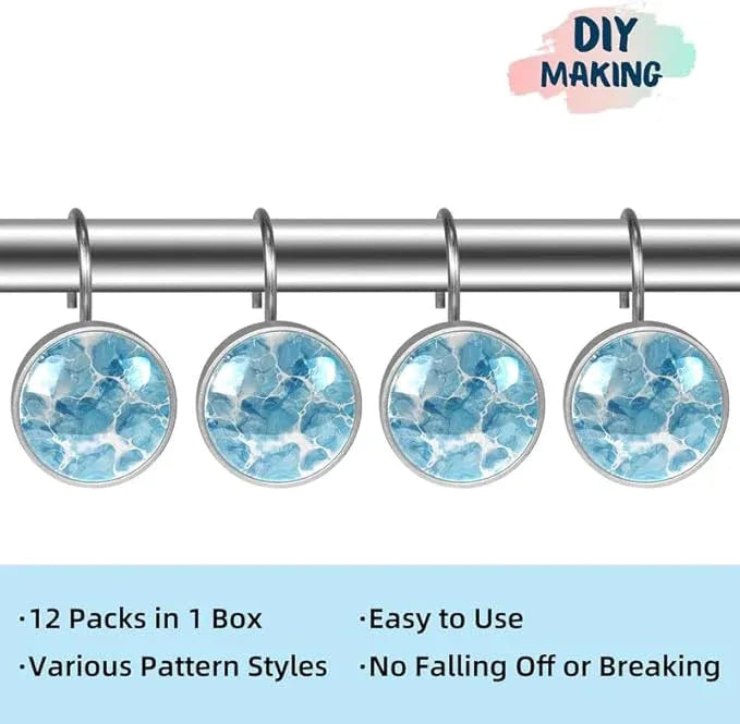 12 Pcs Decorative Shower Curtain Hooks, Rust Proof Glass Surface Stainless Steel Rings for Bathroom Bedroom Kitchen Home Bath Room Rods Decor (Blue Water Ripples) - ModernBath
