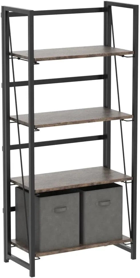 4NM No Assembly Folding Bookshelf Storage Shelves 4 Tiers Vintage Bookcase Standing Racks Study Organizer Home Office (Rustic Brown Black) - ModernBath