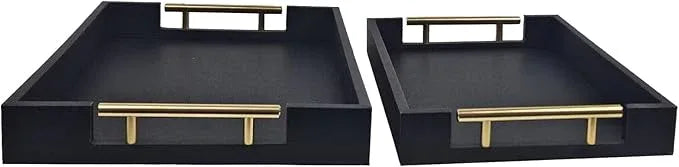 Set of 2 Wood Serving Tray with Gold Polished Metal Handles, Home Decorative Wooden Rectangle Ottoman Leather Decor Platter Bathroom Vanity Tray for All Occasions (Black) - ModernBath