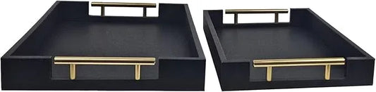 Set of 2 Wood Serving Tray with Gold Polished Metal Handles, Home Decorative Wooden Rectangle Ottoman Leather Decor Platter Bathroom Vanity Tray for All Occasions (Black) - ModernBath