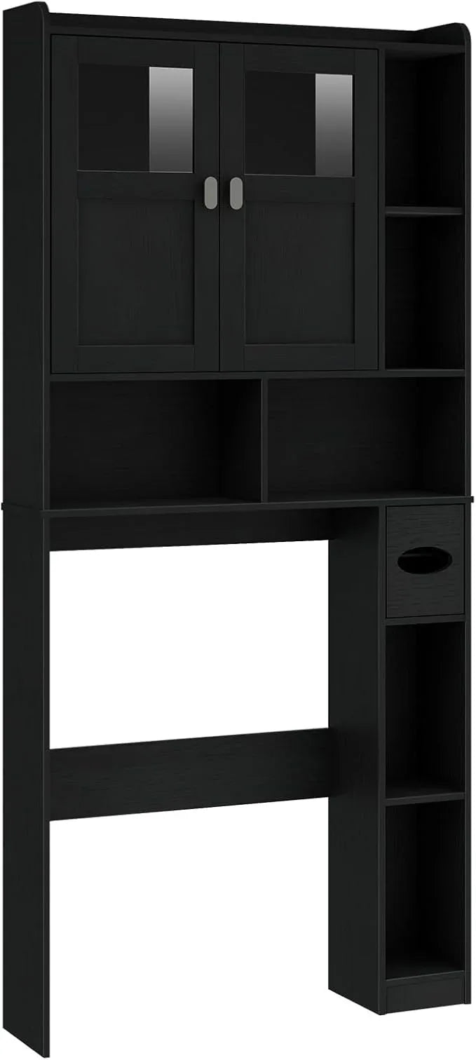 Vabches Over The Toilet Storage Cabinet, Bathroom Shelf Over Toilet with Glass Doors and Adjustable Shelves, Black Freestanding Home Space Save Toilet Rack, for Restroom, Bathroom, Laundry - ModernBath