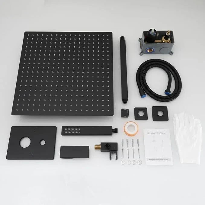 JingGang 16 Inch Ceiling Mount Matte Black Shower System Bathroom Luxury Rain Mixer Shower Combo Set Ceiling Rainfall Shower Head System (Contain Shower Faucet Rough-in Valve Body and Trim Kit) - ModernBath