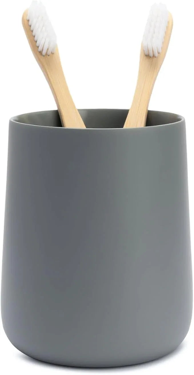 Yew Design Matte Gray Toothbrush and Toothpaste Holder and Cup for Bathroom Vanity and Countertop, Round Organizer for Electric Toothbrushes, Floss, Razors, Cotton, and Mouthwash - ModernBath