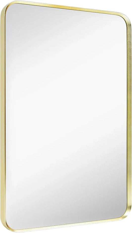 Minuover Wall Mount Mirror for Bathroom, Brushed Gold Metal Framed Rounded Corner Rectangular Vanity Mirror (16" x 20", Gold) - ModernBath