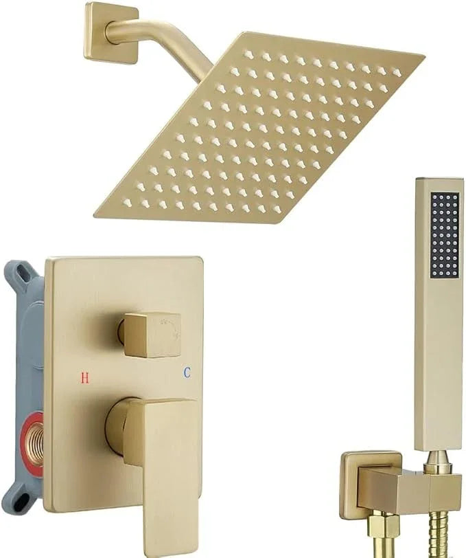 annazom Brushed Gold Shower System 8 Inch Bathroom Luxury Rain Mixer Shower Combo Set Wall Mounted Rainfall Shower Head and Handheld System Shower Faucet Set Rough-in Valve Body and Trim Included - ModernBath