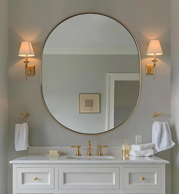 ANDY STAR 30x36'' Gold Oval Mirror, Brass Oval Mirror Pill-Shaped Design in Stainless Steel Metal Frame for Bathroom, Entryway, Living Room, Contemporary 1" Deep Wall Mount Vertical or Horizontal - ModernBath