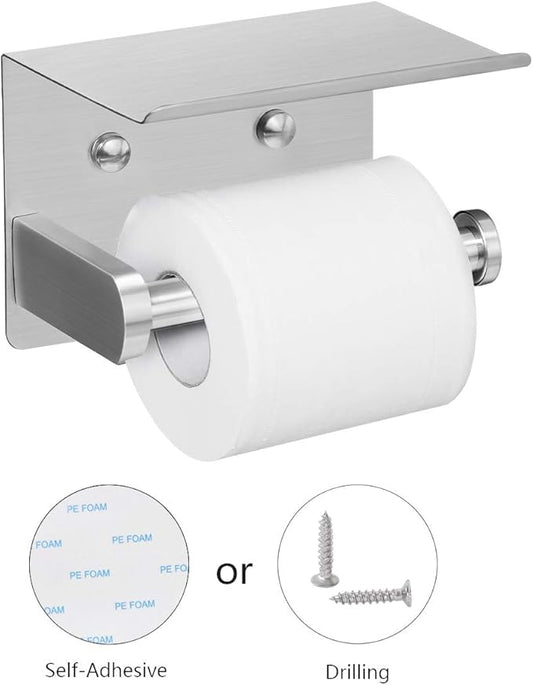 VAEHOLD Self Adhesive Toilet Paper Holder with Phone Shelf Stainless Steel Wall Mounted Toilet Paper Roll Holder - Rustproof and Bathroom Washroom Tissue Roll Holder with Storage Shelf - Silver