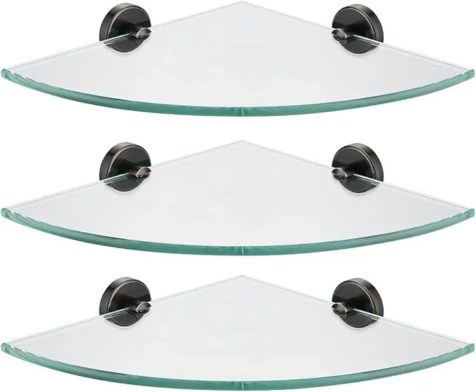 JQK Corner Glass Shelf, Oil Rubbed Bronze Bathroom 304 Stainless Steel Shower Triangle Floating Wall Shelf, 10 x 10 Tempered Glass, 3 Pack, TGS190L10-ORB-P3 - ModernBath