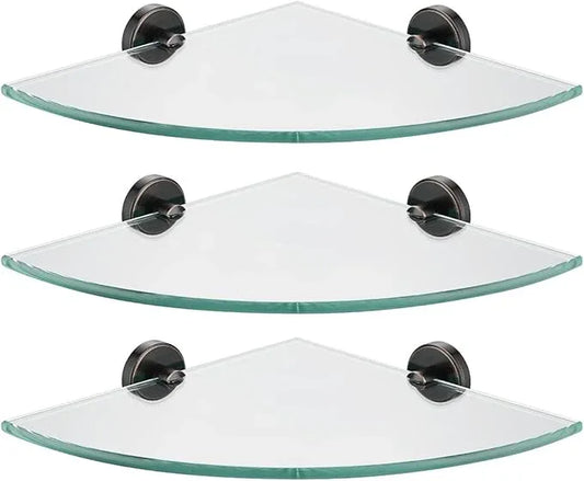 JQK Corner Glass Shelf, Oil Rubbed Bronze Bathroom 304 Stainless Steel Shower Triangle Floating Wall Shelf, 10 x 10 Tempered Glass, 3 Pack, TGS190L10-ORB-P3 - ModernBath