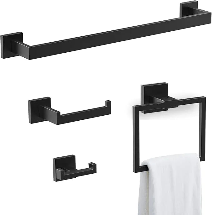 BOZWELL 4 Pieces Matte Black Bathroom Hardware Accessories Set Square Towel Racks for Bathroom 23.6 inch Stainless Steel Towel Bar Set Wall Mounted - ModernBath