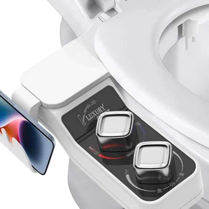 GOESMO Bidet Attachment for Toilet, Hot and Cold Water Non-Electric Self Cleaning Dual Nozzle(Frontal/Rear Wash) for Bidet Toilet Seat, Adjustable Water Pressure, Extra Phone Holder for Bathroom - ModernBath