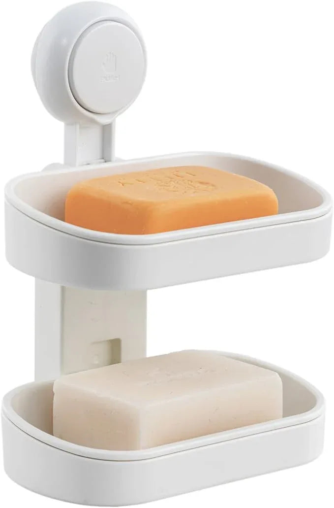 LEVERLOC Soap Dish Holder for Shower Double Layer Suction Cup Wall Mounted NO-Drilling Self Draining Removable Waterproof Strong Suction Bar Soap Sponge Holder for Shower Bathroom Bathtub Kitchen - ModernBath