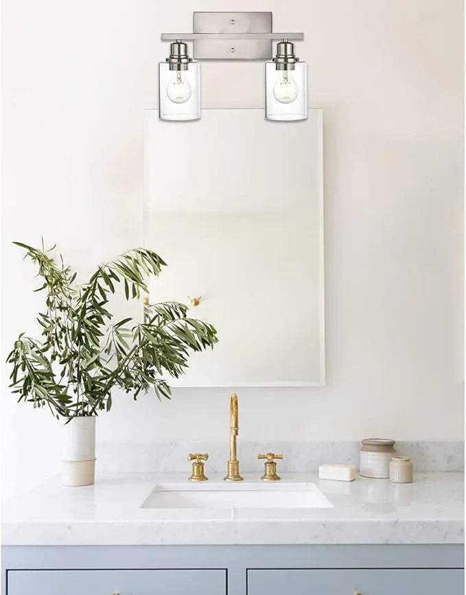 VINLUZ Modern Bathroom Vanity Light,2 Light Industrial Wall Sconces in Brushed Nickel Finish Indoor Metal Base Wall Mounted Fixture with Clear Glass Shade - ModernBath